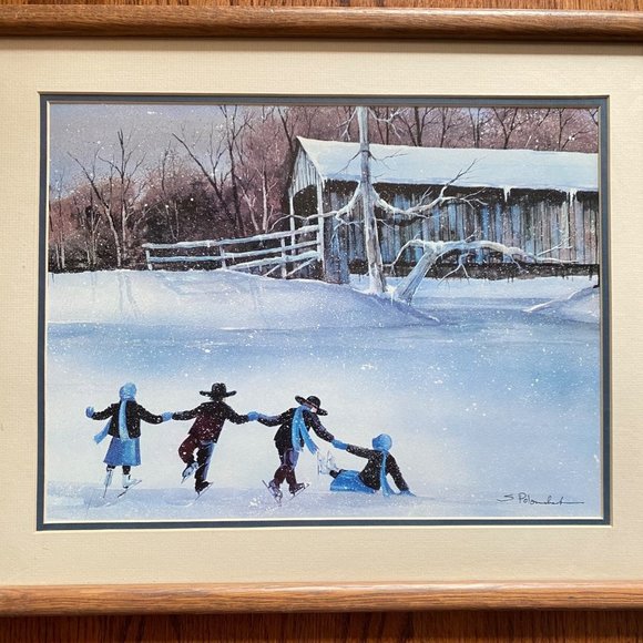 Steve Polomchak Amish Skaters Winter Skiers Lithograph Color Offset Print - Picture 4 of 10